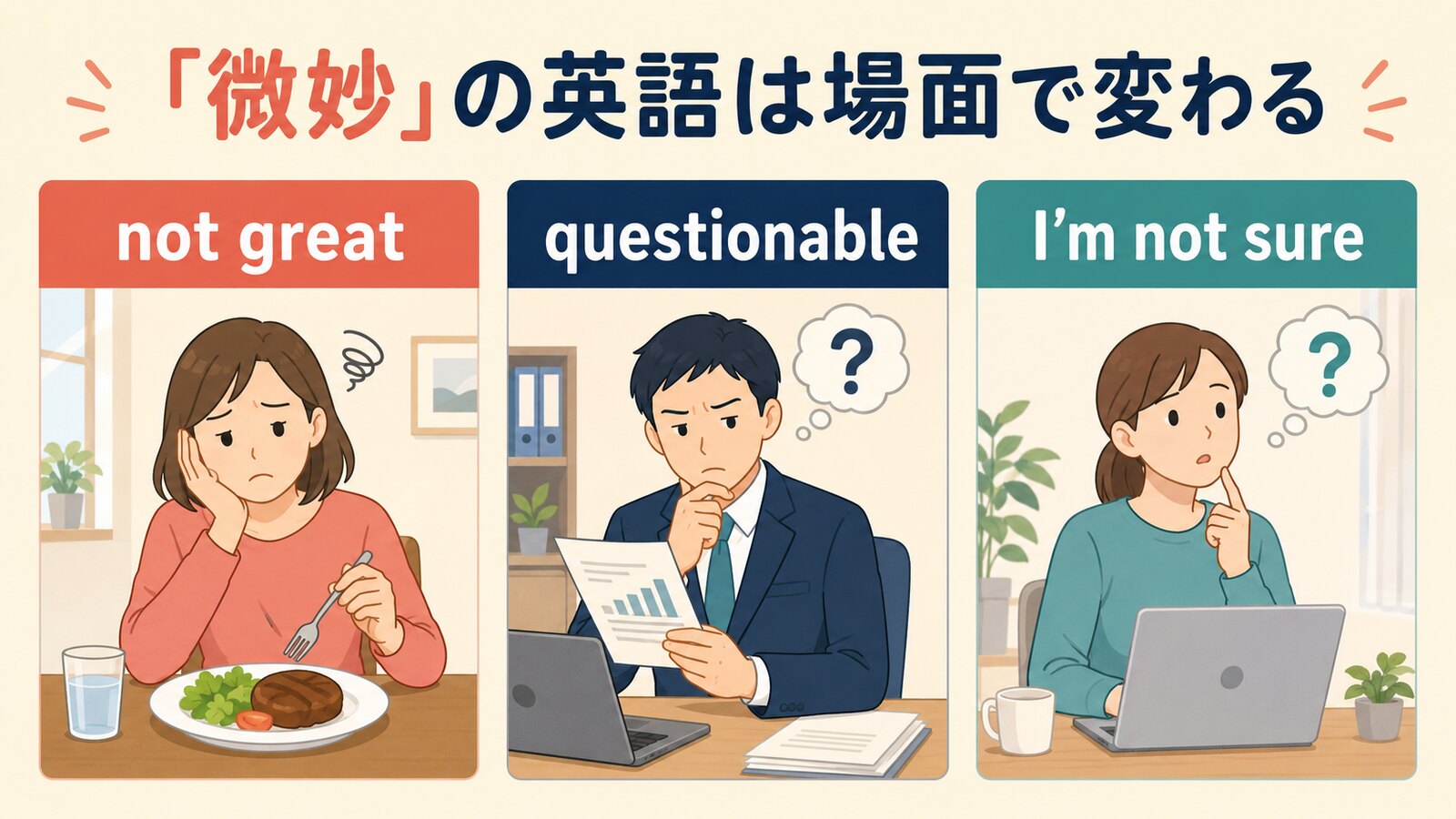 「微妙」を表す英語の使い分け図