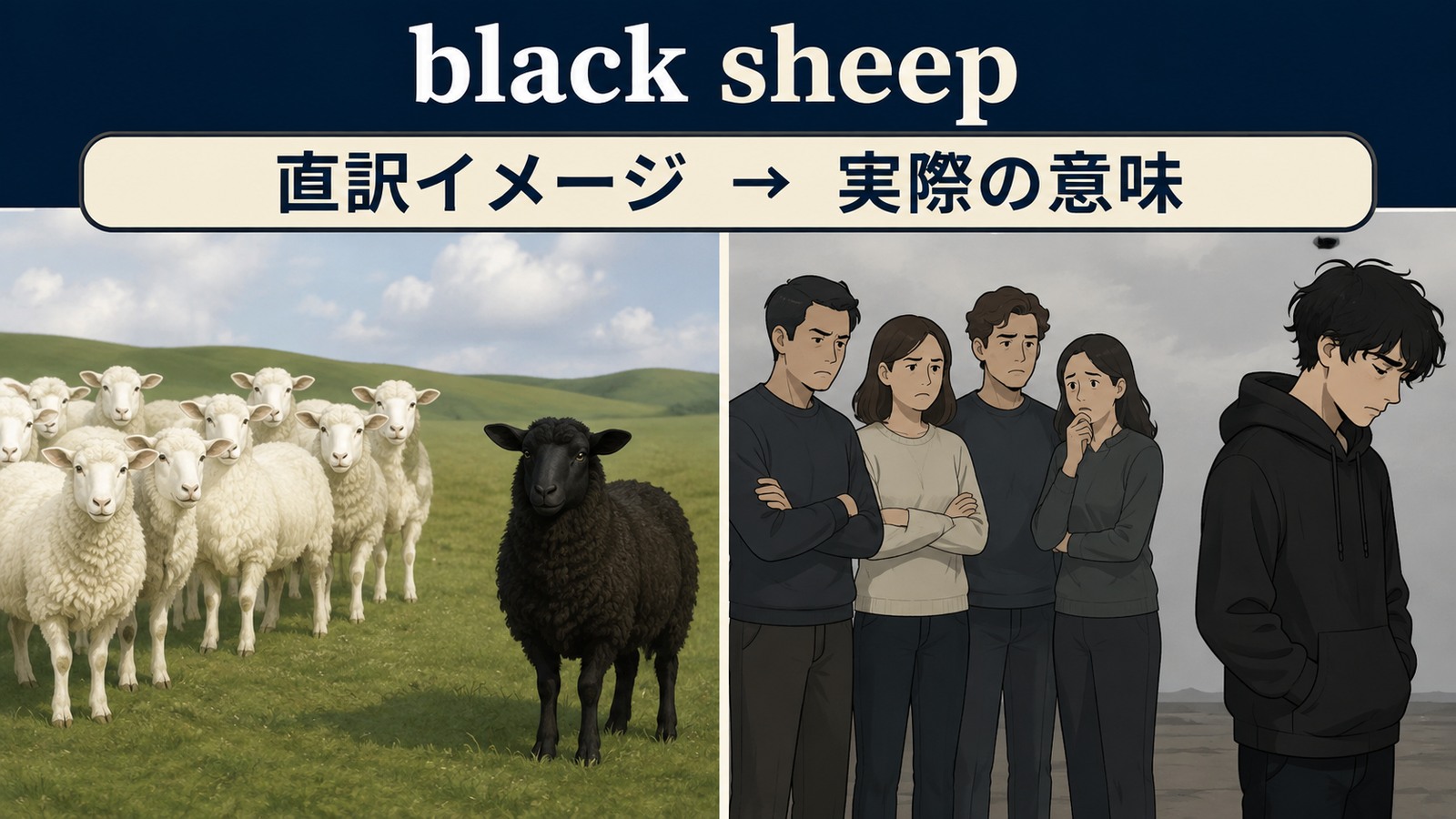 black sheepの直訳イメージと実際の意味を比較した解説イラスト