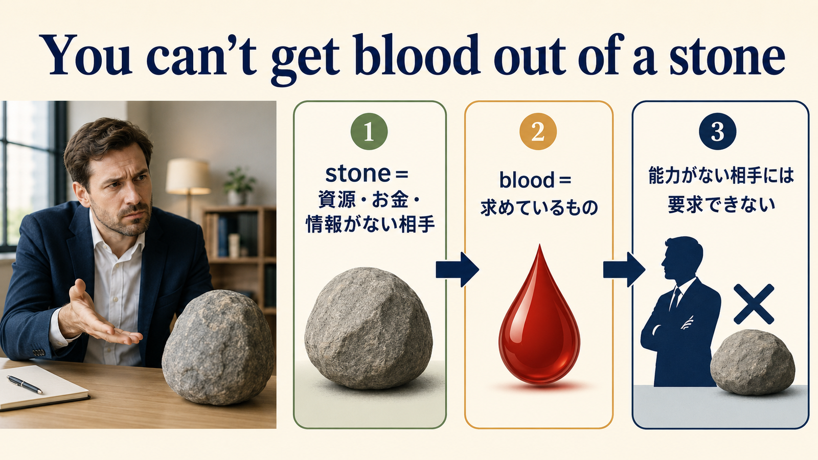 You can't get blood out of a stoneの直訳・実際の意味・注意点を比較する解説図
