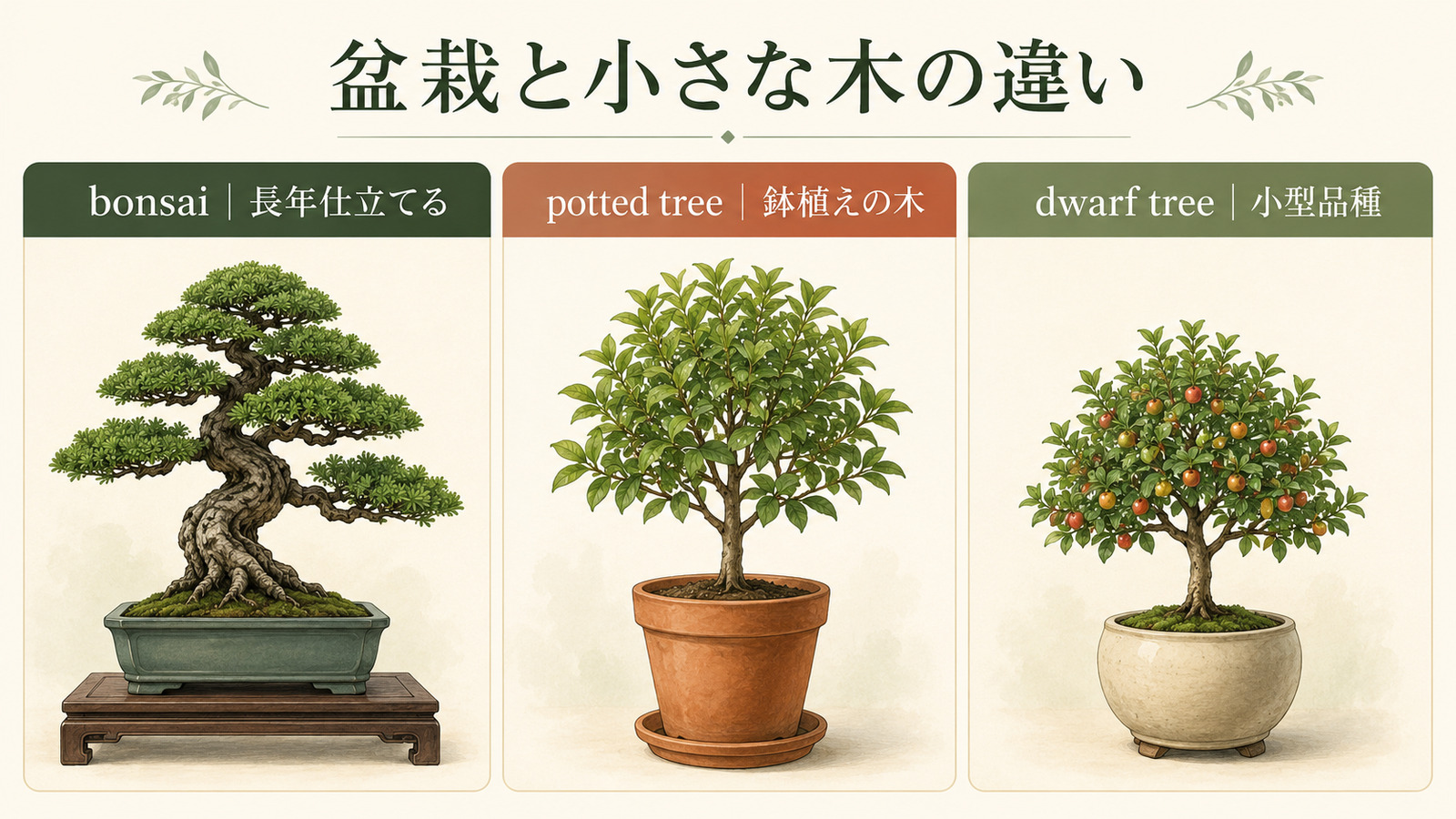 盆栽と鉢植えの木と矮性樹の違い
