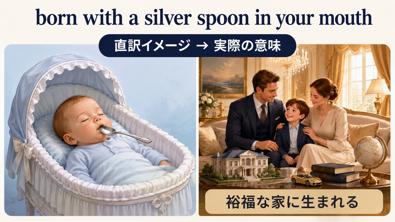 born with a silver spoon in your mouthの直訳イメージと実際の意味を比較した解説イラスト