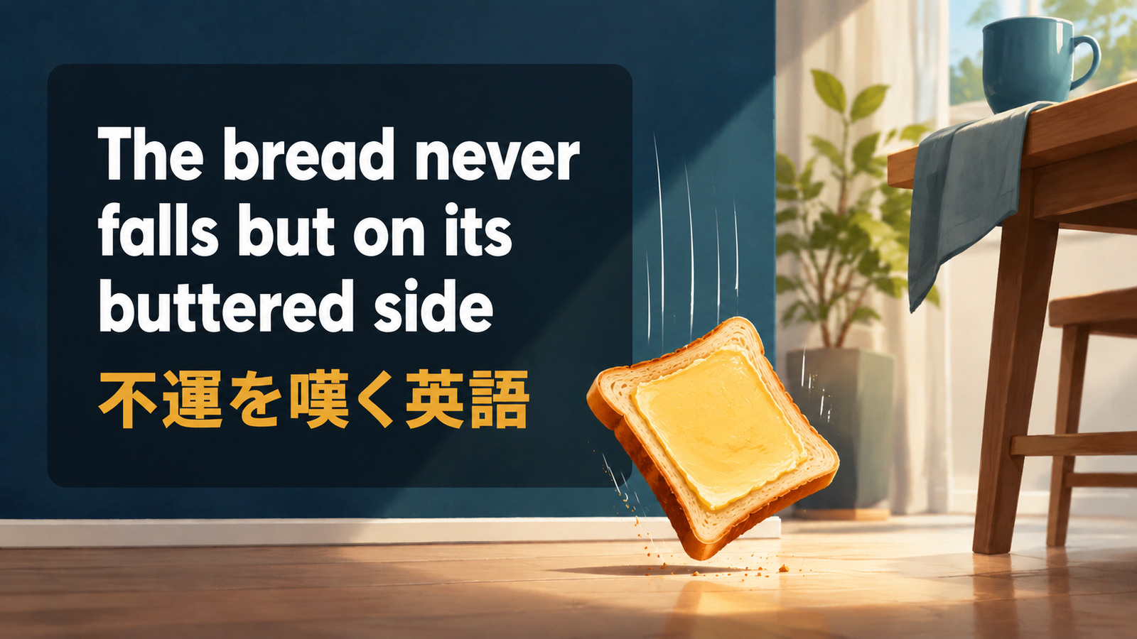 The bread never falls but on its buttered sideの意味・使い方を解説するアイキャッチ