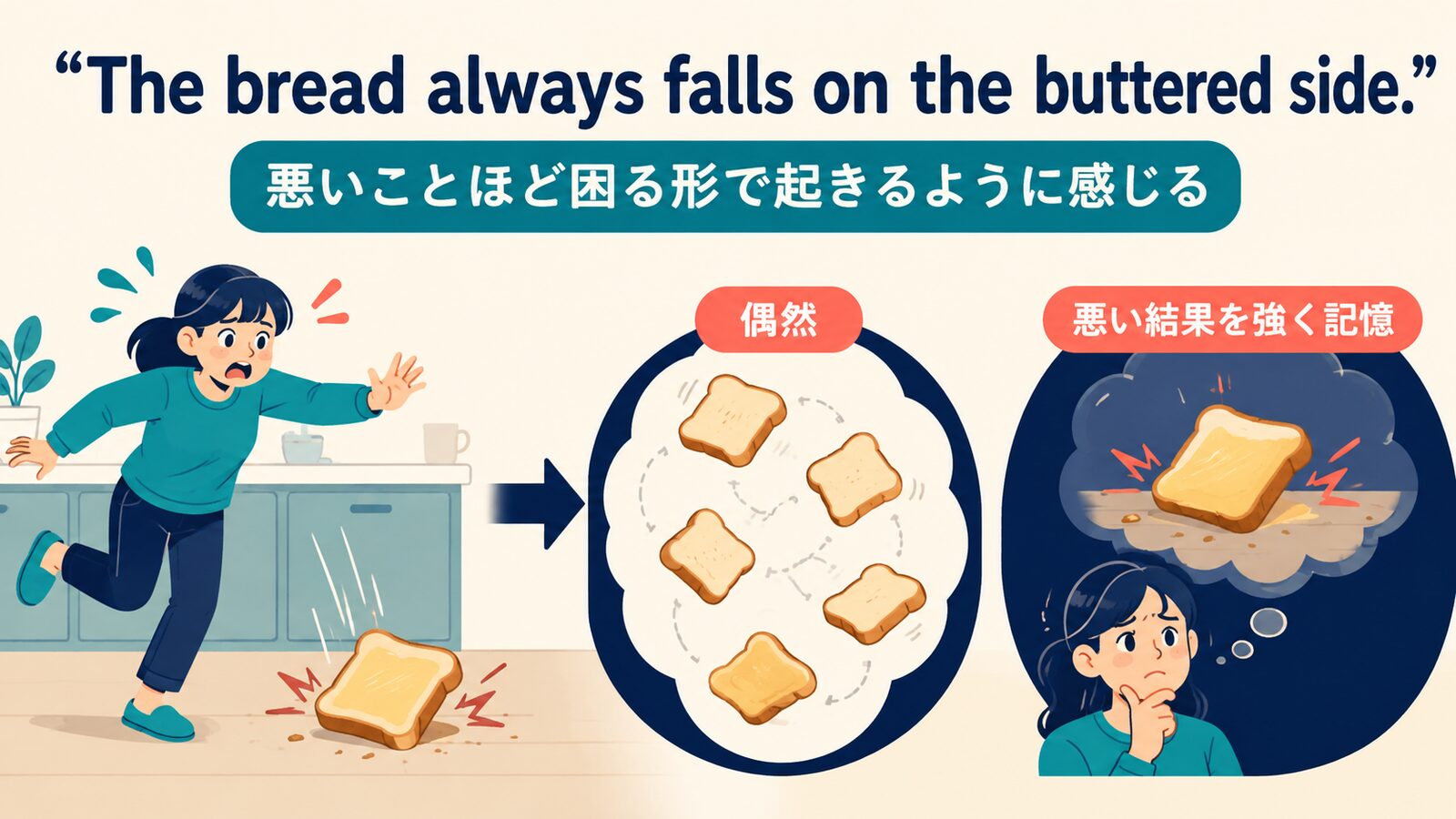 The bread always falls on the buttered side.の直訳と実際の意味を比較した解説イラスト