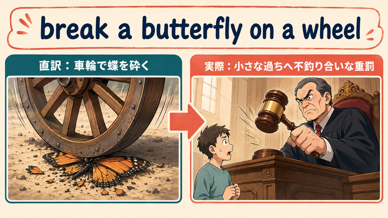 break a butterfly on a wheelの直訳と実際の意味を比較する解説イラスト