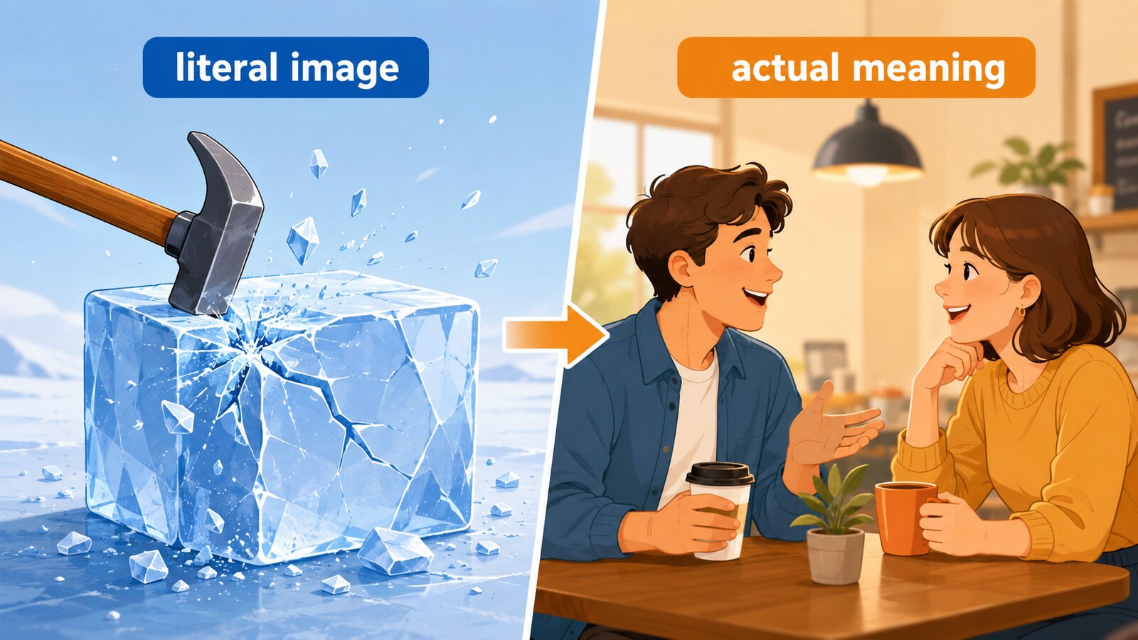 break the iceの直訳イメージと実際の意味を比較する解説イラスト