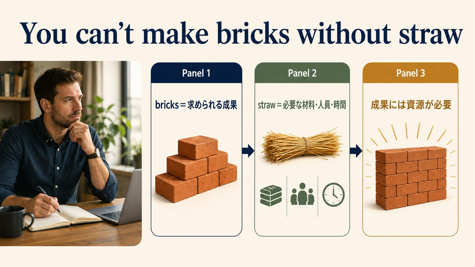 You can't make bricks without strawの直訳・実際の意味・注意点を比較する解説図
