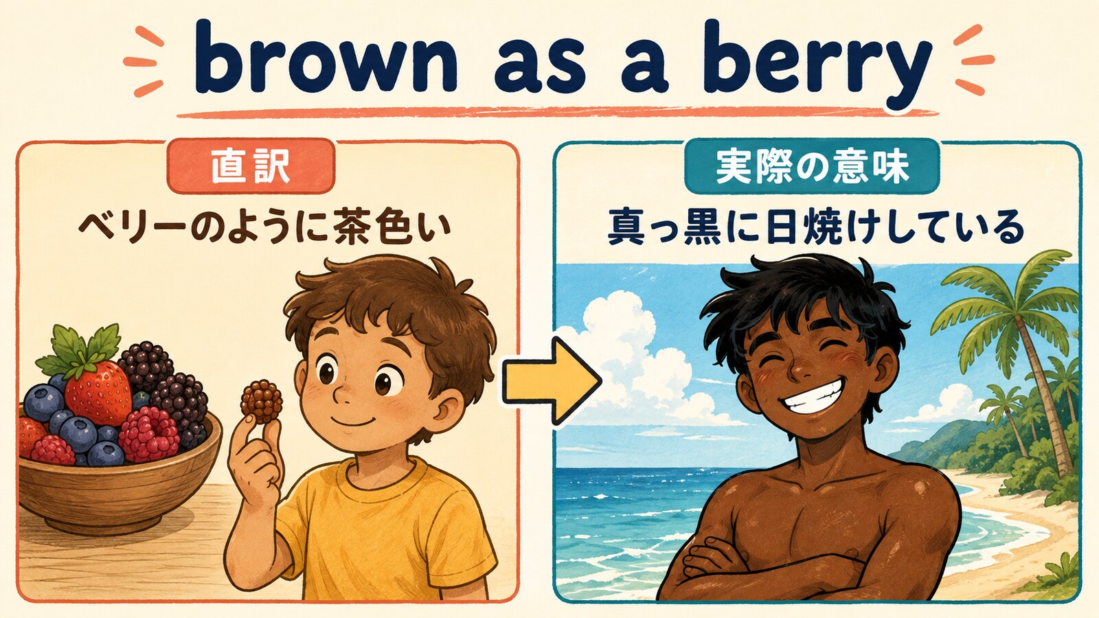 brown as a berryの直訳と実際の意味を比較する解説イラスト