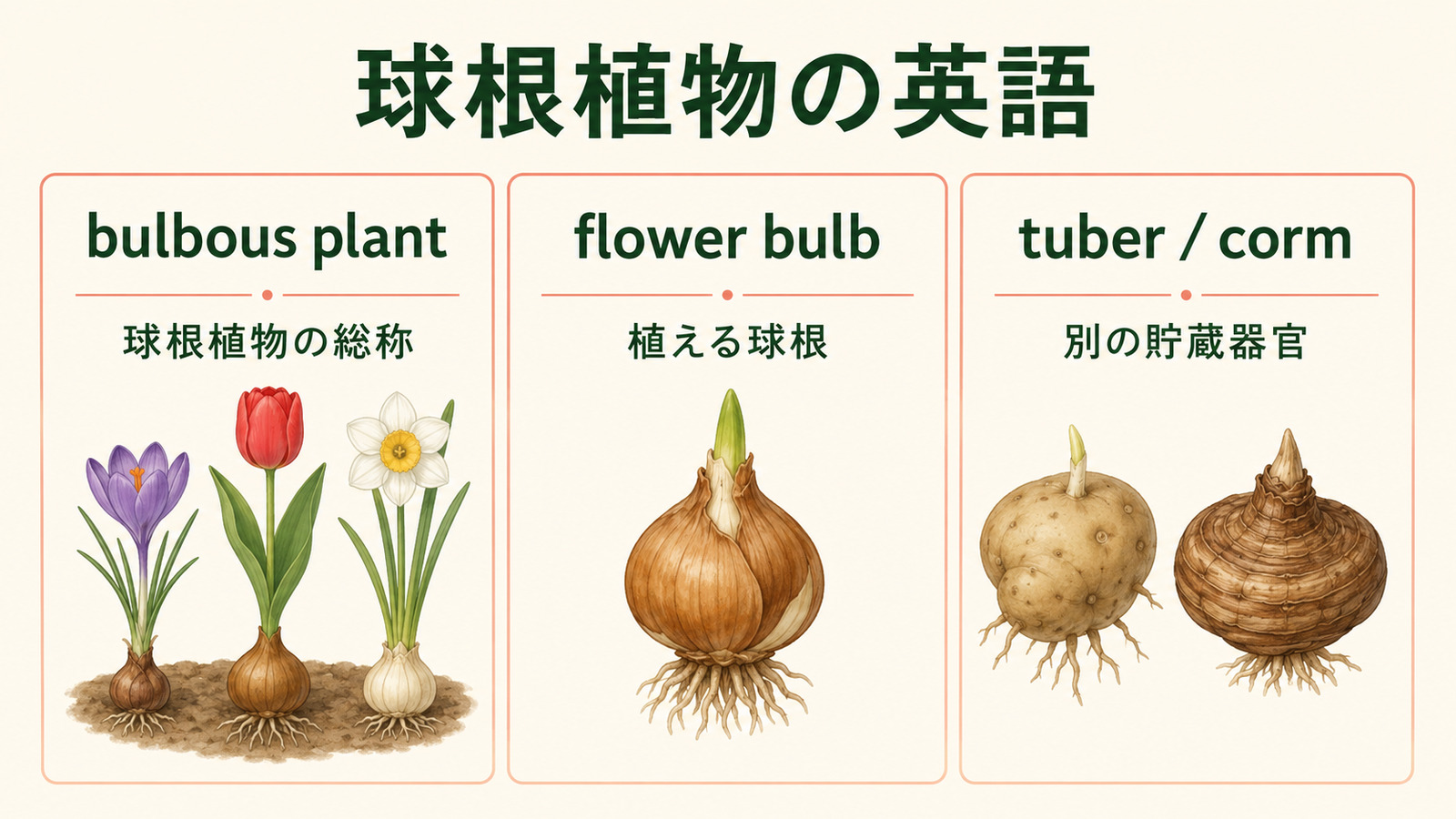 bulb・tuber・corm・rhizomeの違い