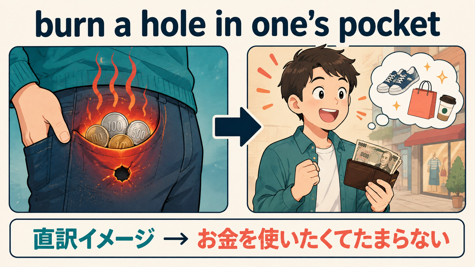 burn a hole in one’s pocketの直訳イメージと実際の意味を説明するイラスト