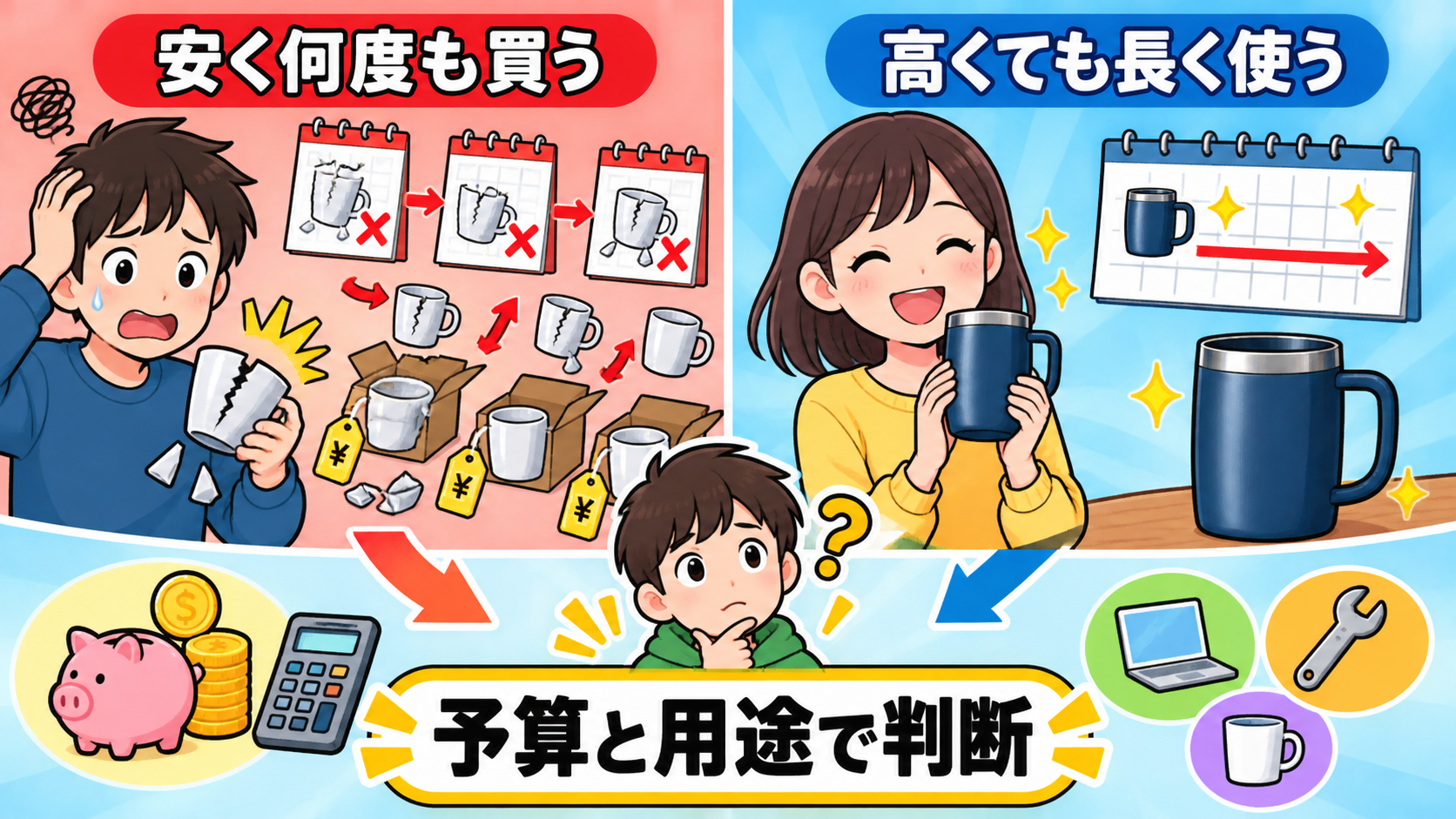 Buy once, cry onceの直訳・比喩・実際の意味を比較する解説イラスト