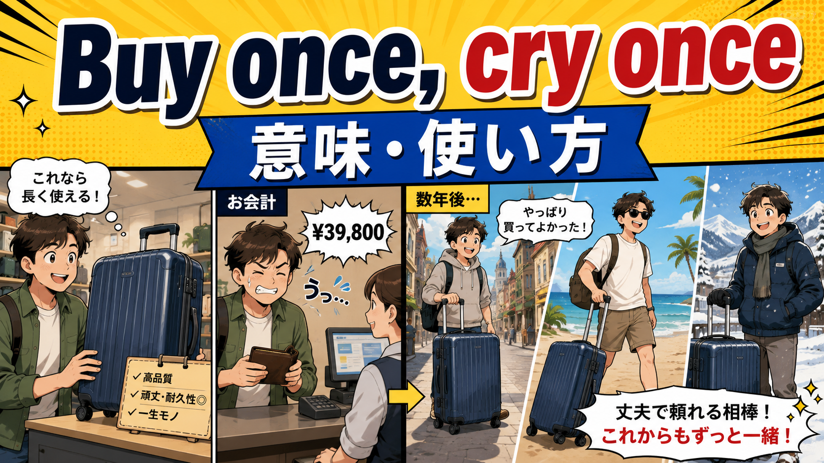 Buy once, cry onceの意味は？使い方・ニュアンスと例文を解説