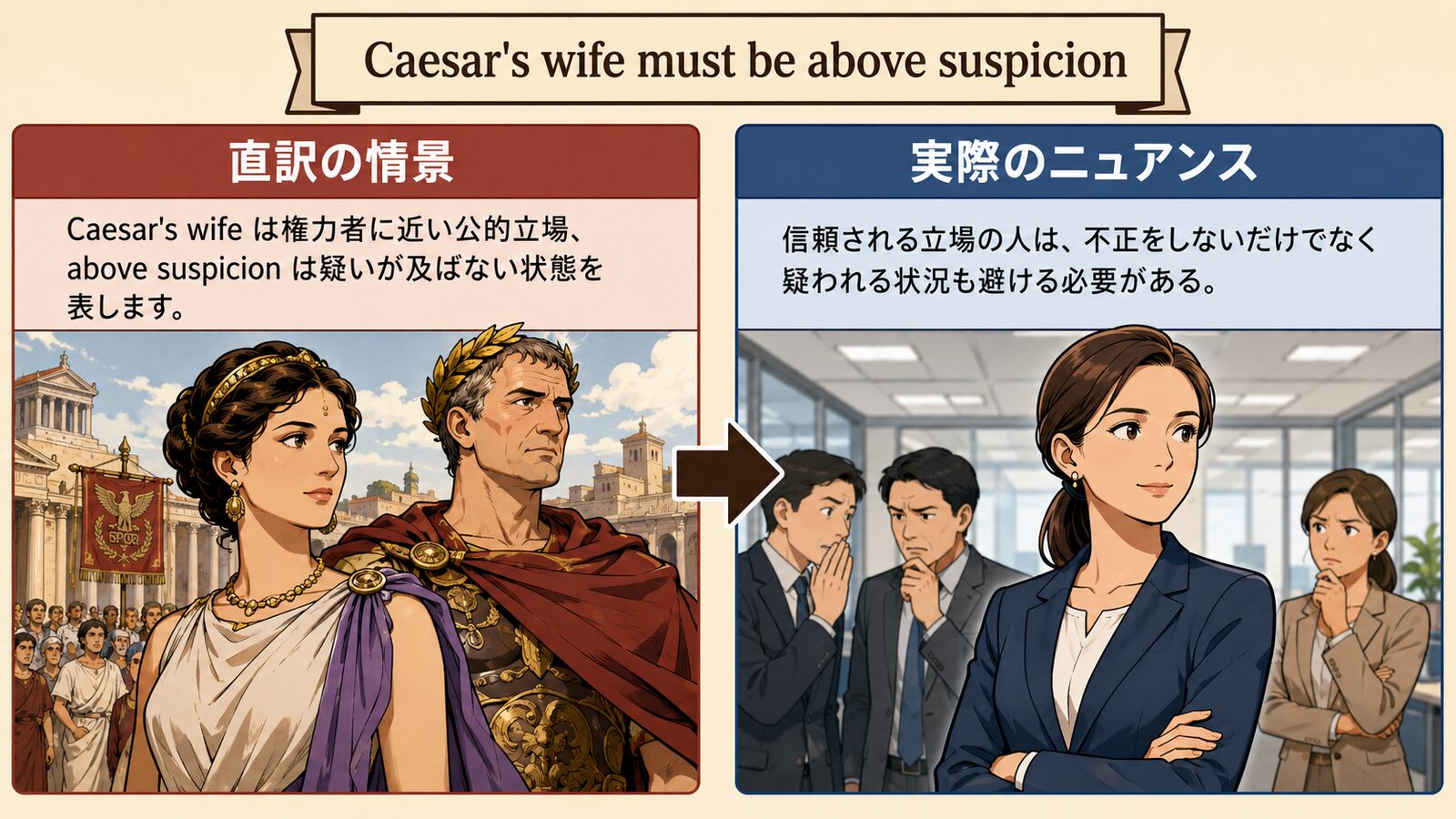 Caesar's wife must be above suspicionの直訳と実際のニュアンスを説明する図