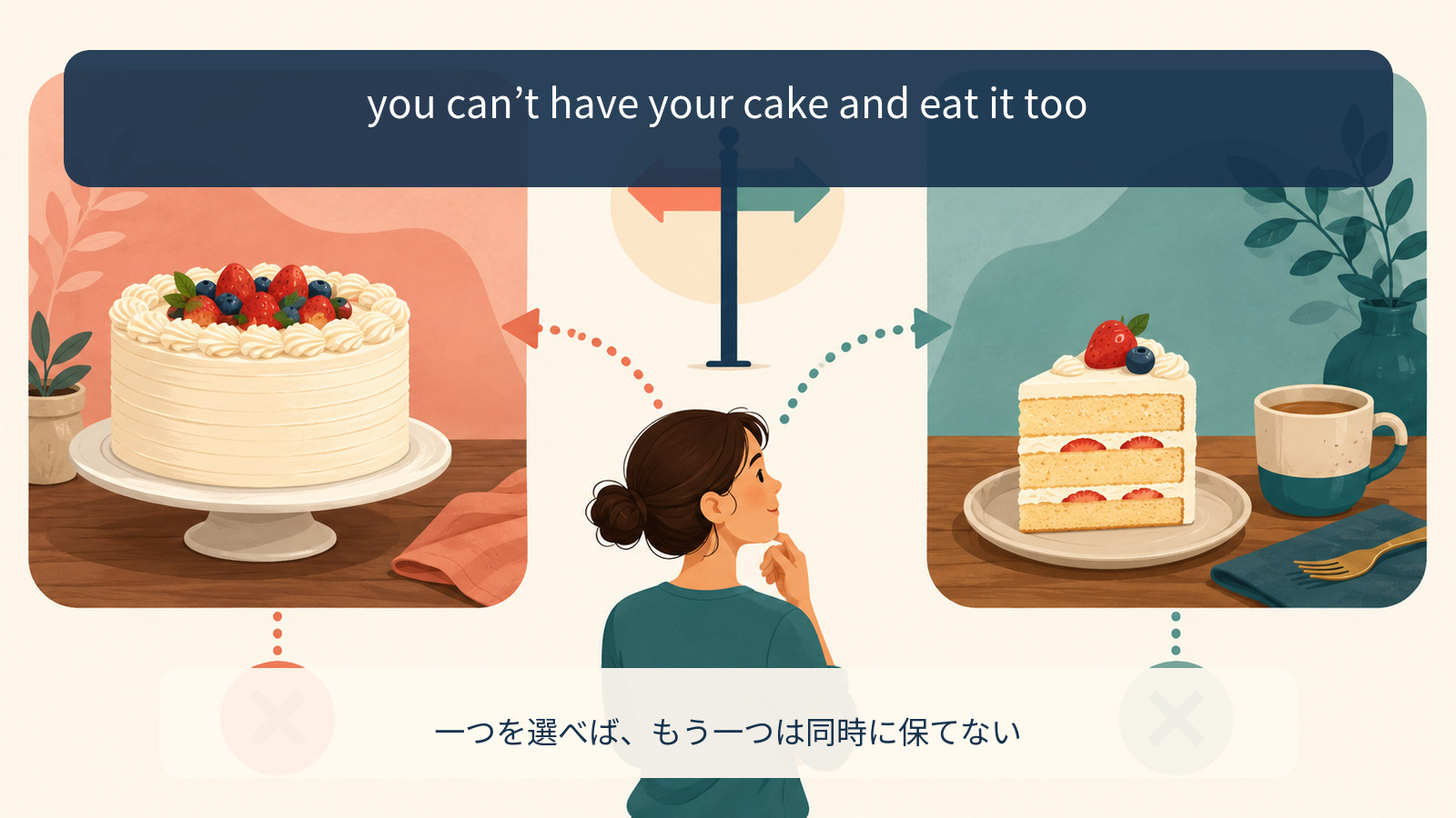 you can’t have your cake and eat it tooの意味を理解する解説イラスト