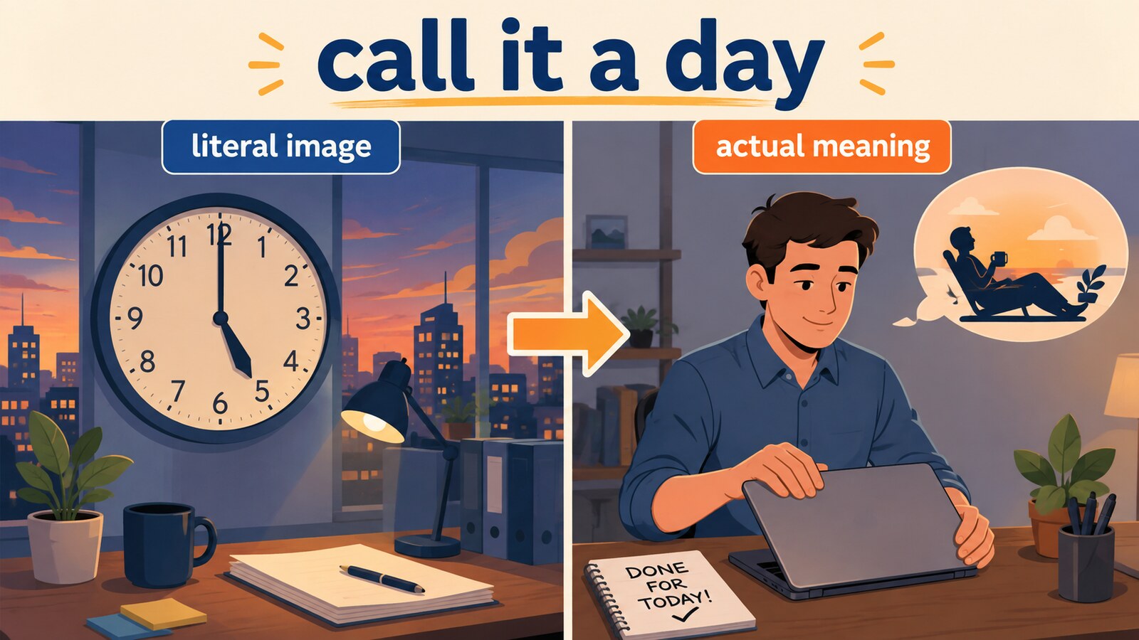 call it a dayの直訳イメージと実際の意味を比較する解説イラスト