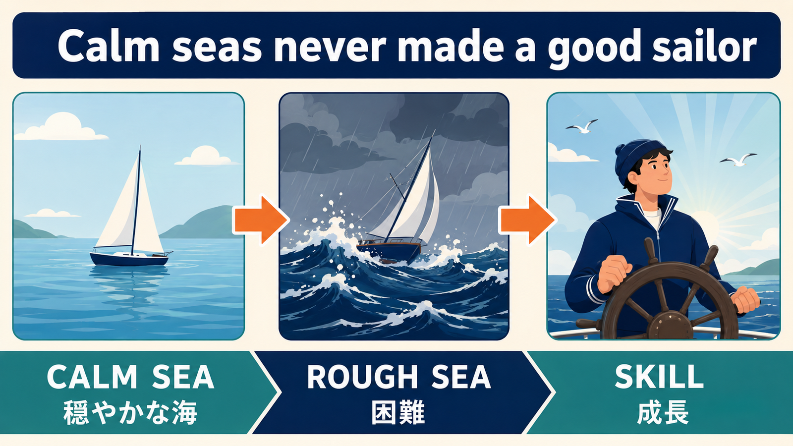 Calm seas never made a good sailorの単語とニュアンスを説明する図