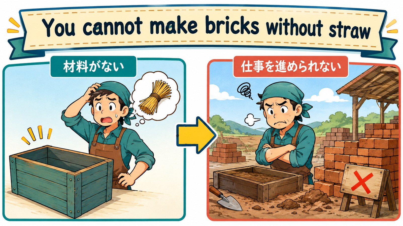 You cannot make bricks without straw.の直訳・実際の教訓・簡単な言い換えを比較した図