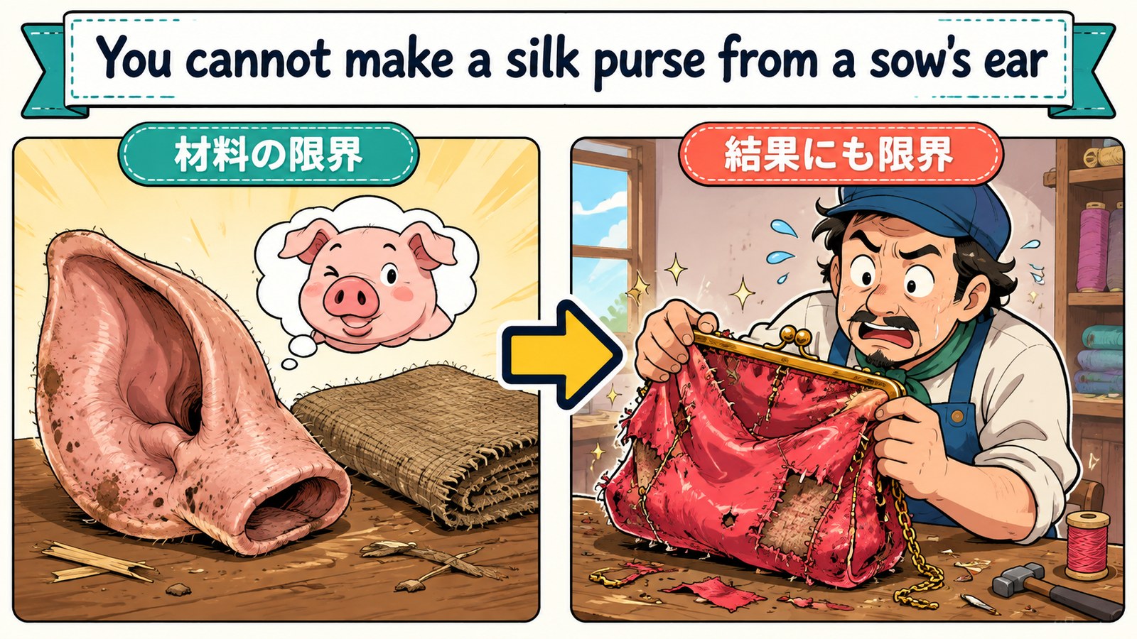 You cannot make a silk purse from a sow's ear.の直訳・実際の教訓・簡単な言い換えを比較した図