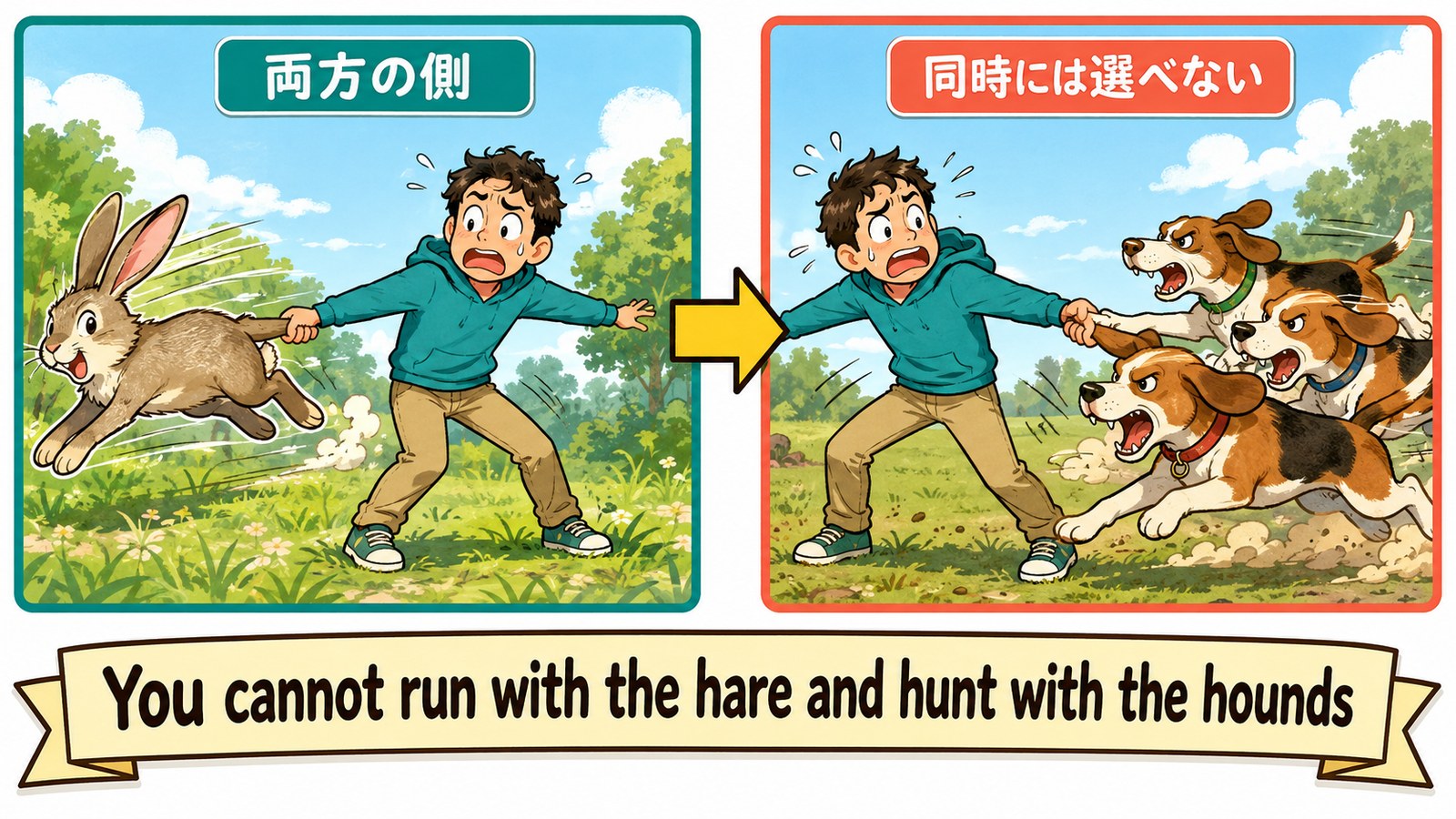 You cannot run with the hare and hunt with the hounds.の直訳・実際の教訓・簡単な言い換えを比較した図