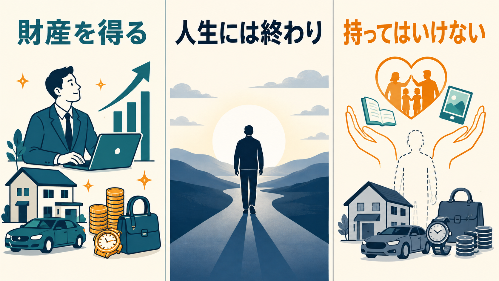 財産を得ても人生の終わりに持っていけないことを示す図解