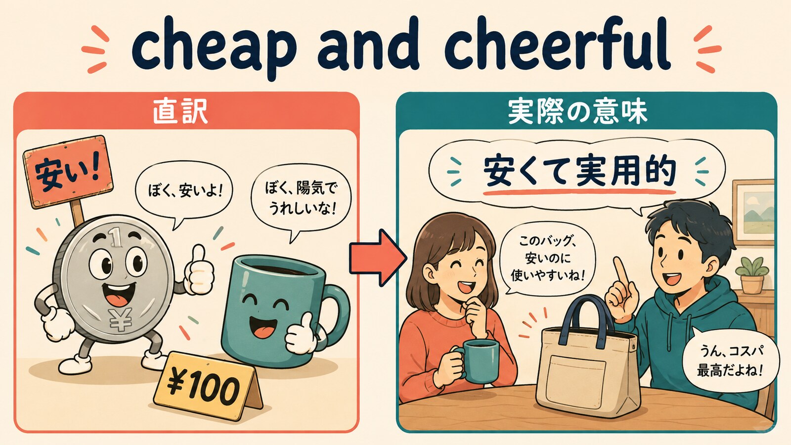cheap and cheerfulの直訳と実際の意味を比較する解説イラスト