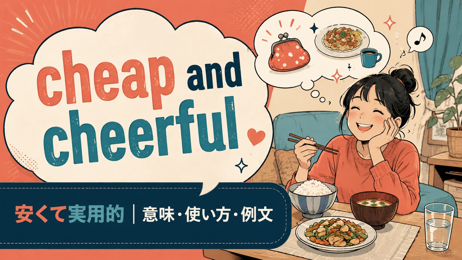 cheap and cheerfulの意味・使い方・例文を紹介するアイキャッチ画像