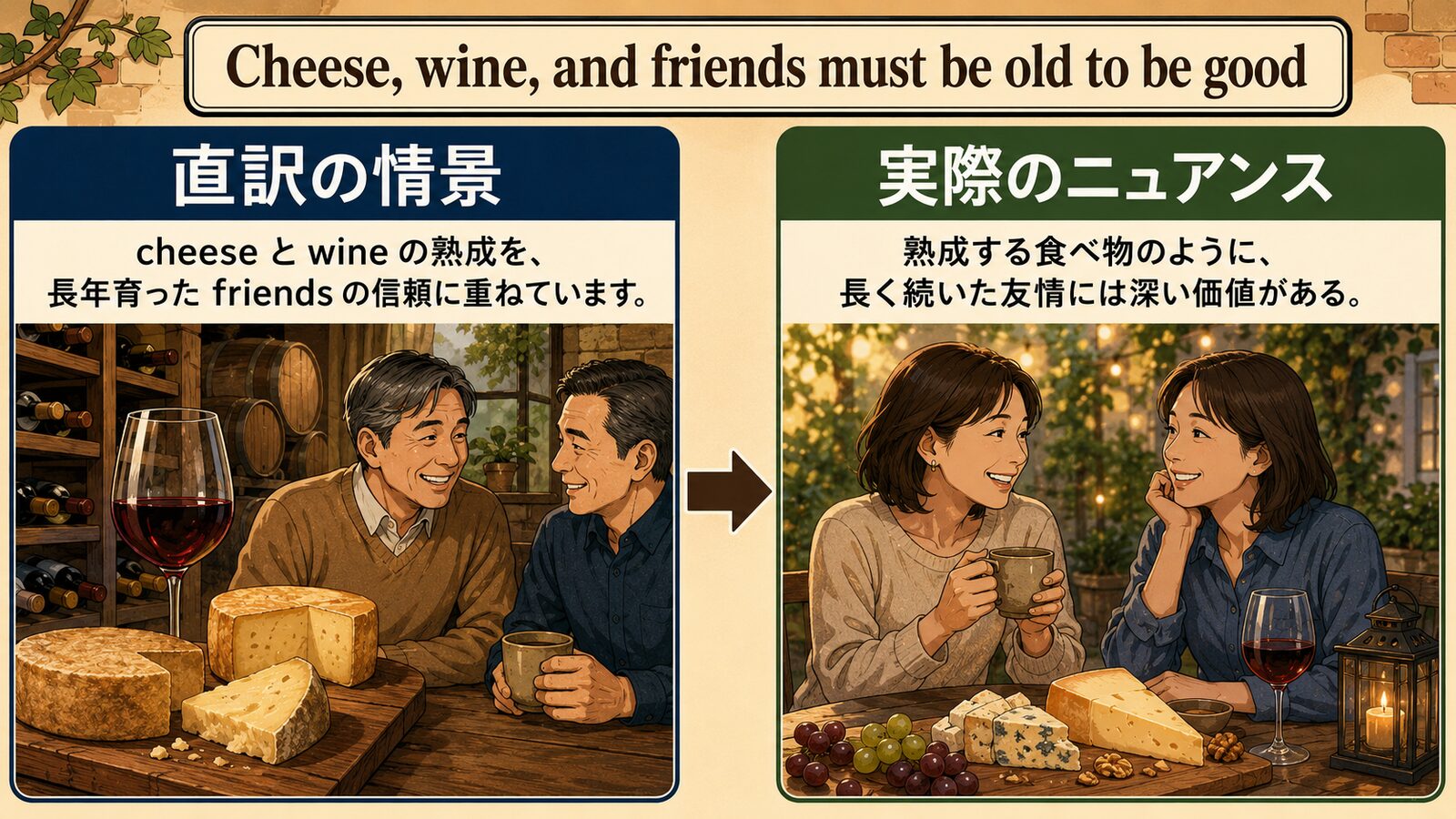 Cheese, wine, and friends must be old to be goodの直訳と実際のニュアンスを説明する図