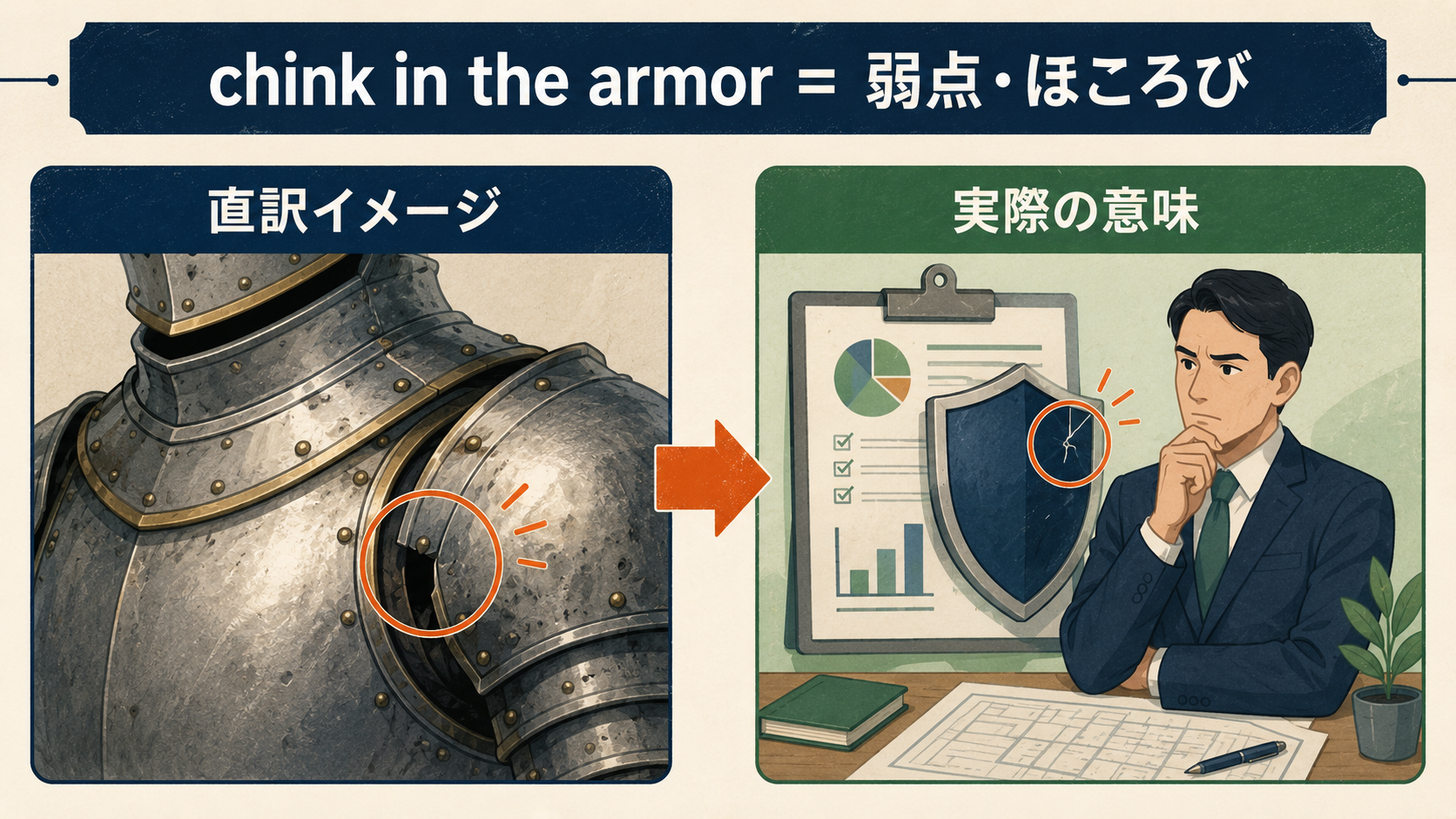 chink in the armorの直訳イメージと実際の意味を比較したイラスト