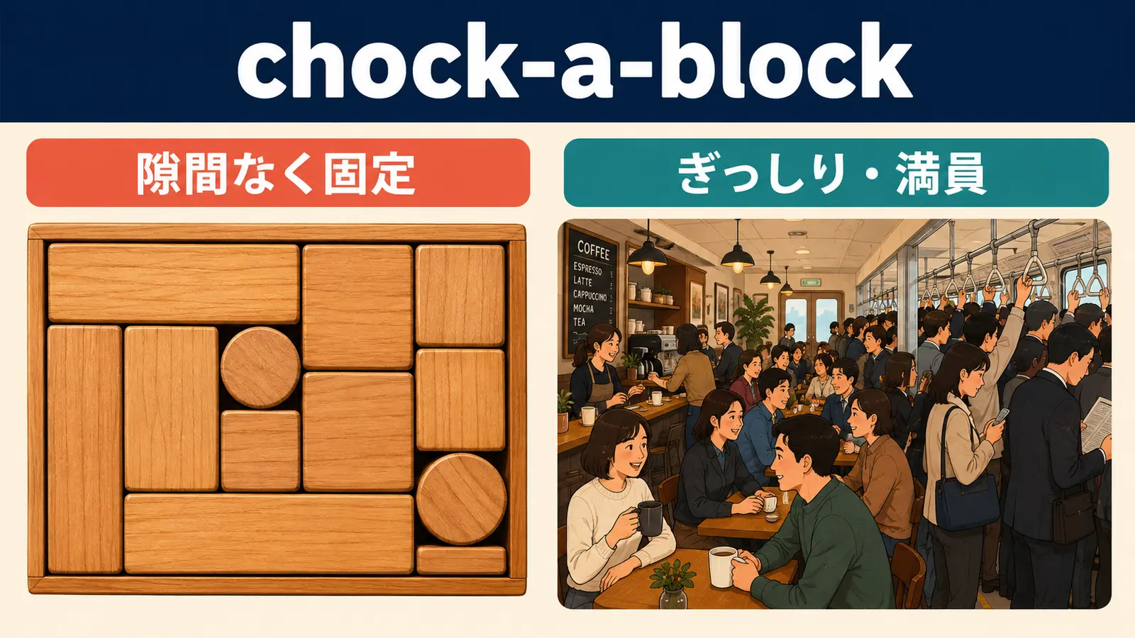 chock-a-blockの直訳イメージと実際の意味の比較図