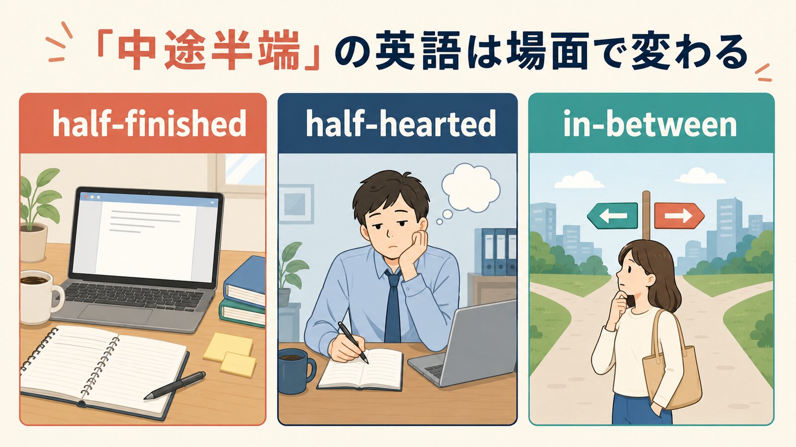 「中途半端」を表す英語の使い分け図