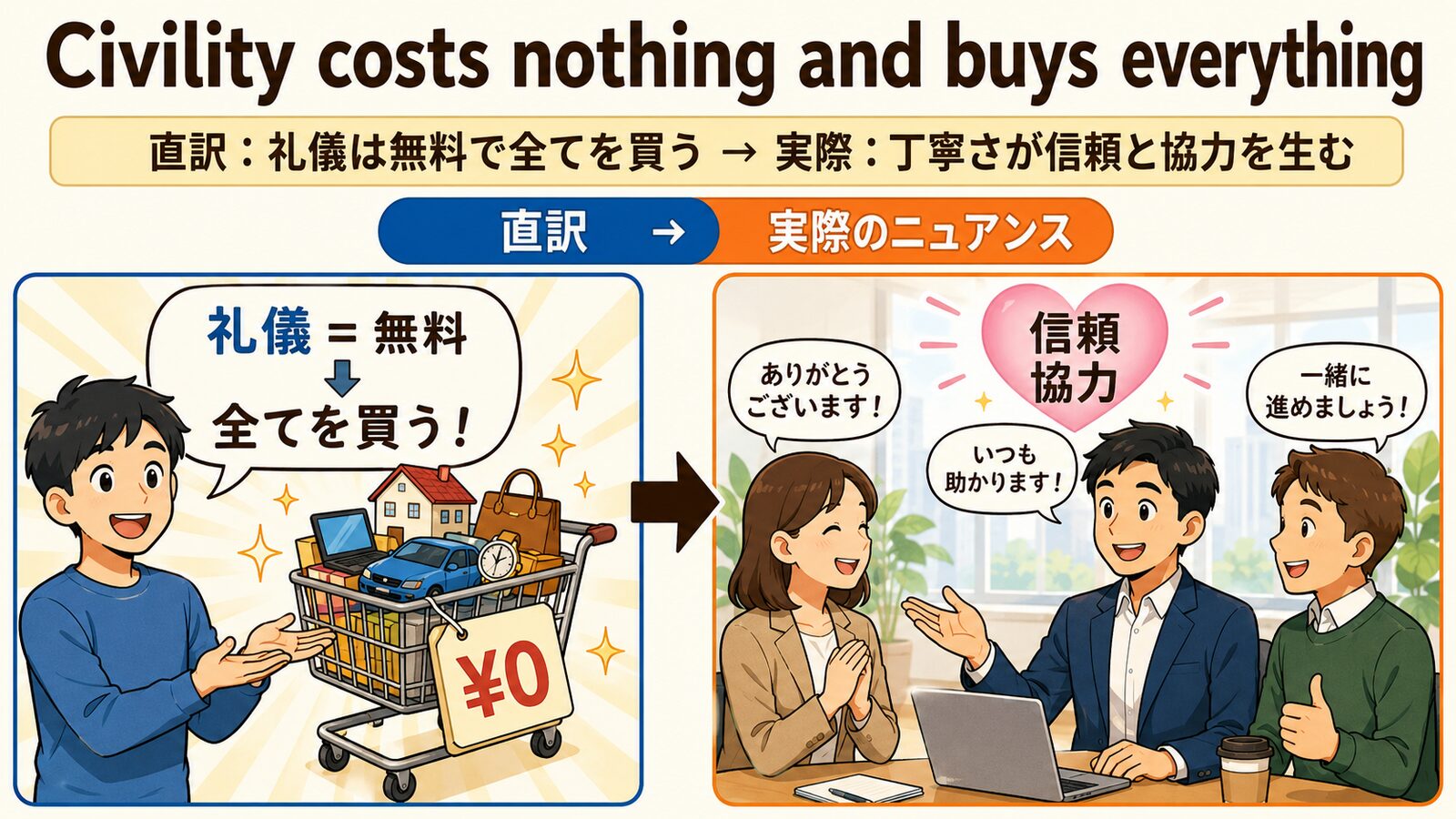 Civility costs nothing and buys everythingの直訳と実際のニュアンスを説明する図
