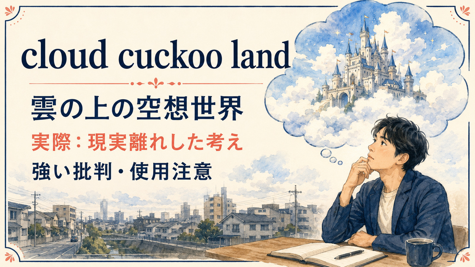 be in cloud cuckoo landの直訳と実際の意味を比較する本文イラスト