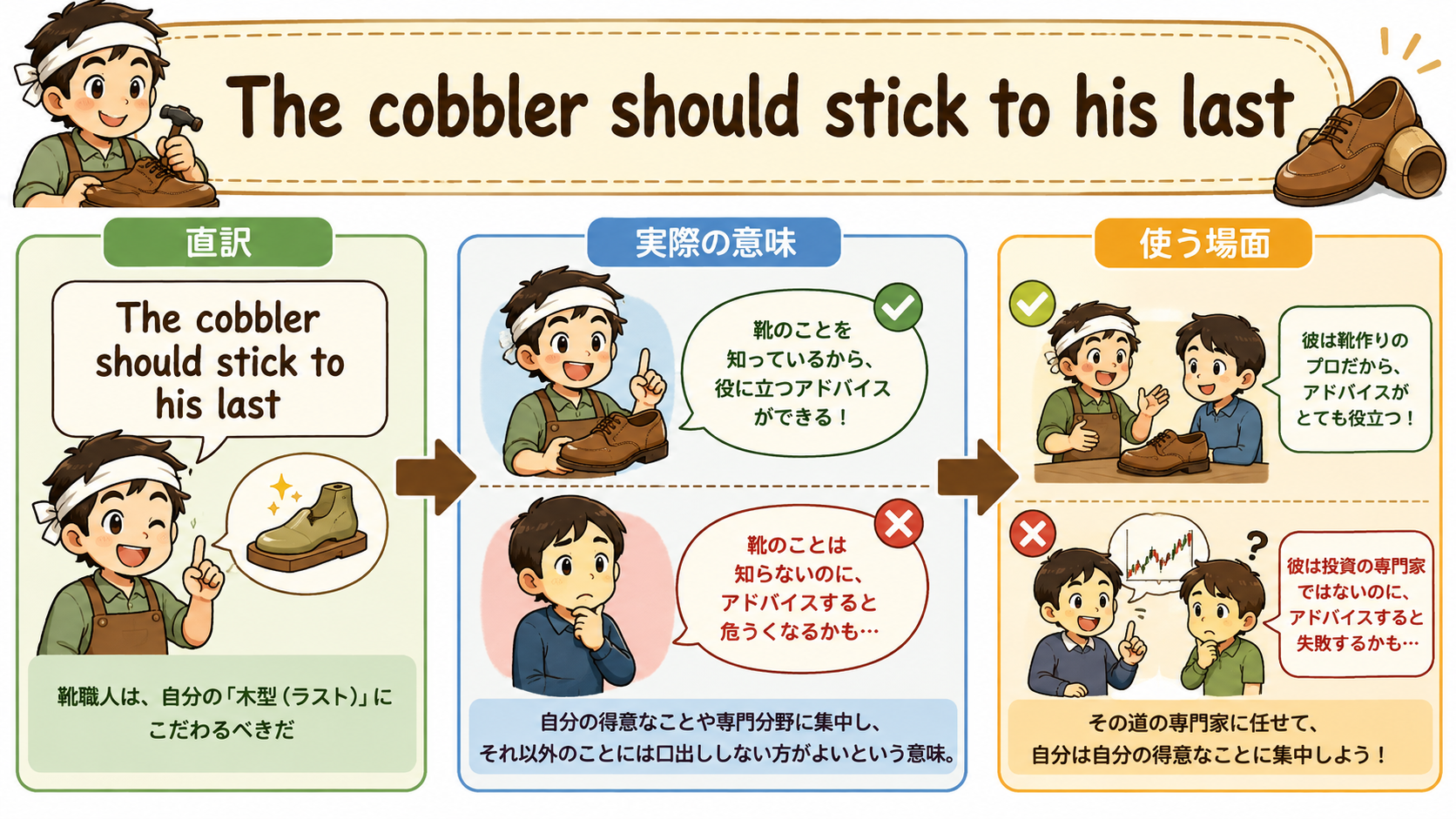 The cobbler should stick to his lastの直訳・実際の意味・使う場面を比較する解説イラスト