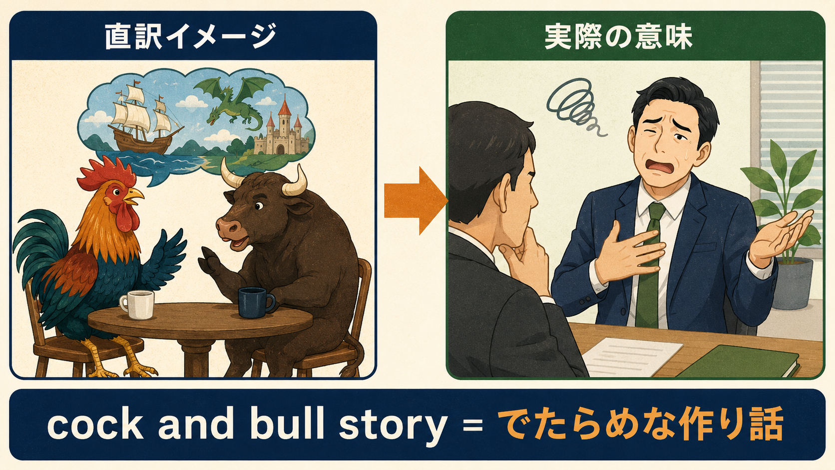 cock and bull storyの直訳イメージと実際の意味を比較したイラスト
