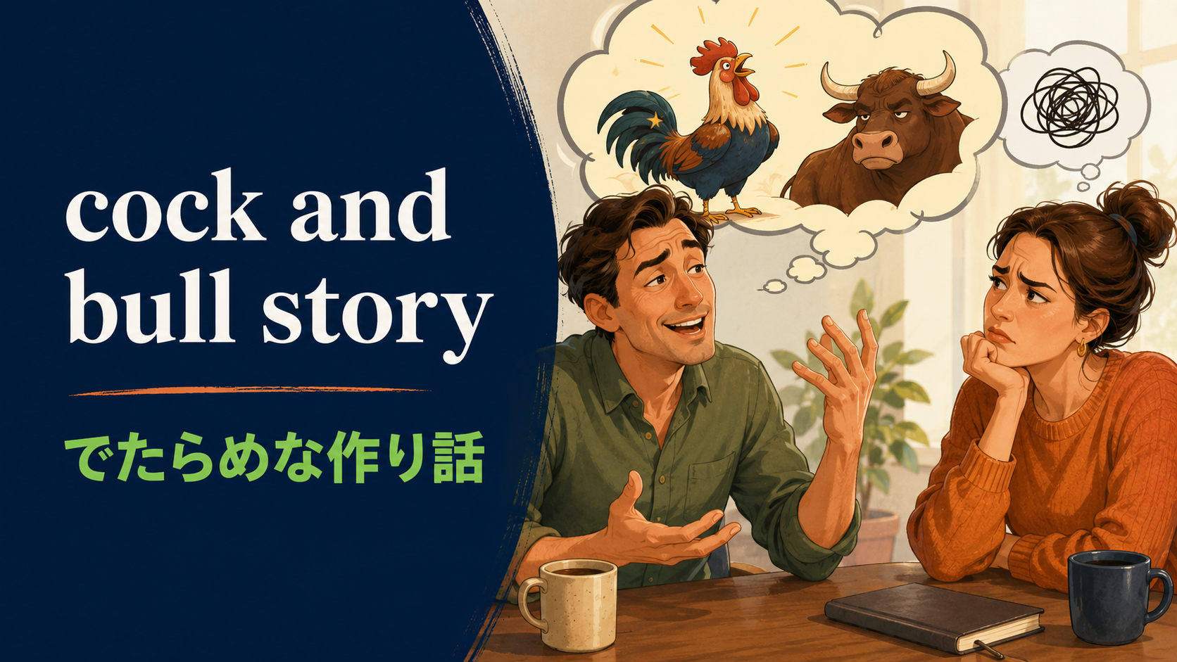 cock and bull storyの意味は？「でたらめな作り話・信じがたい言い訳」の使い方・ニュアンスと例文