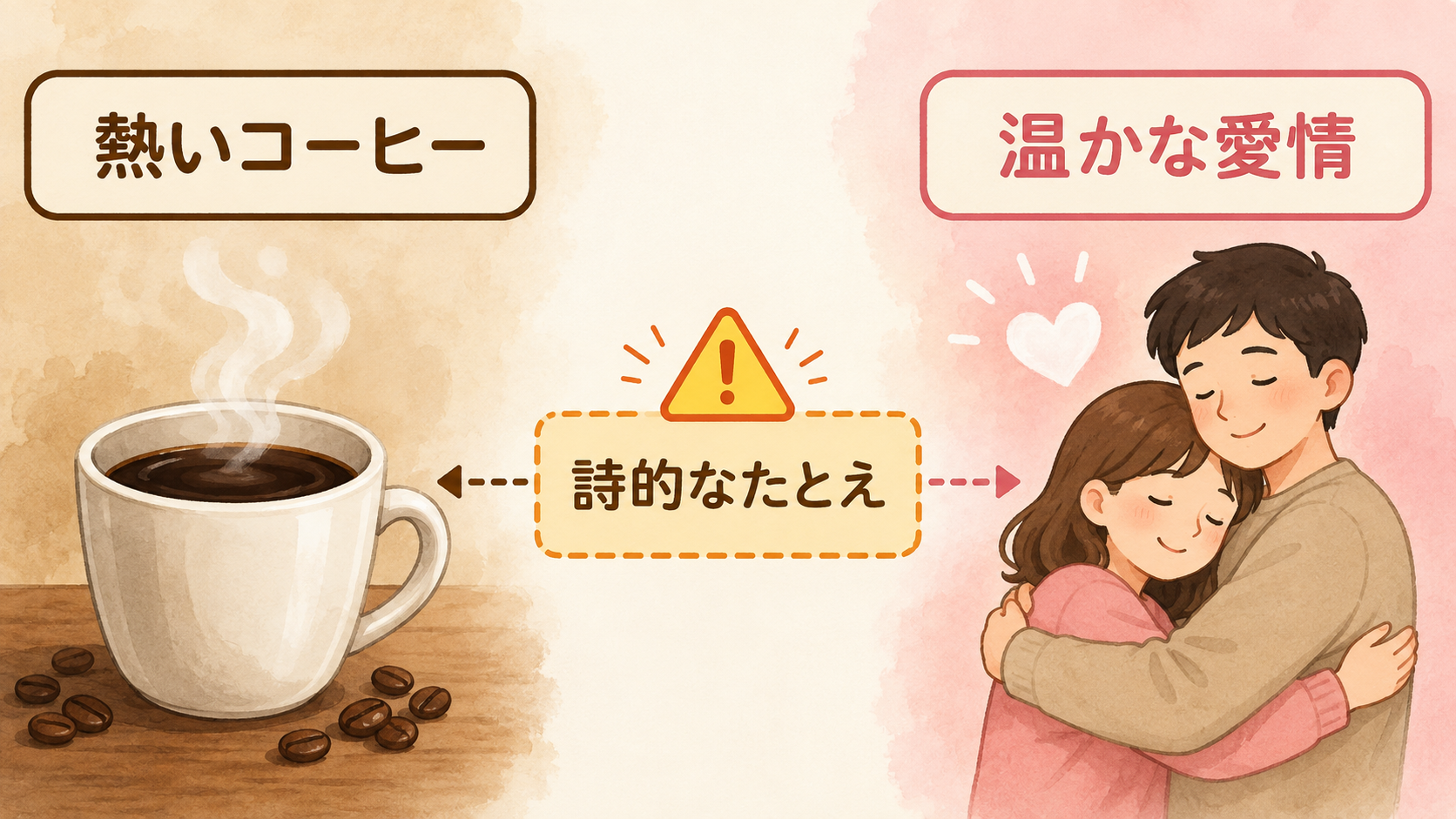 Coffee and love taste best when hotの直訳・比喩・実際の意味を比較する解説イラスト