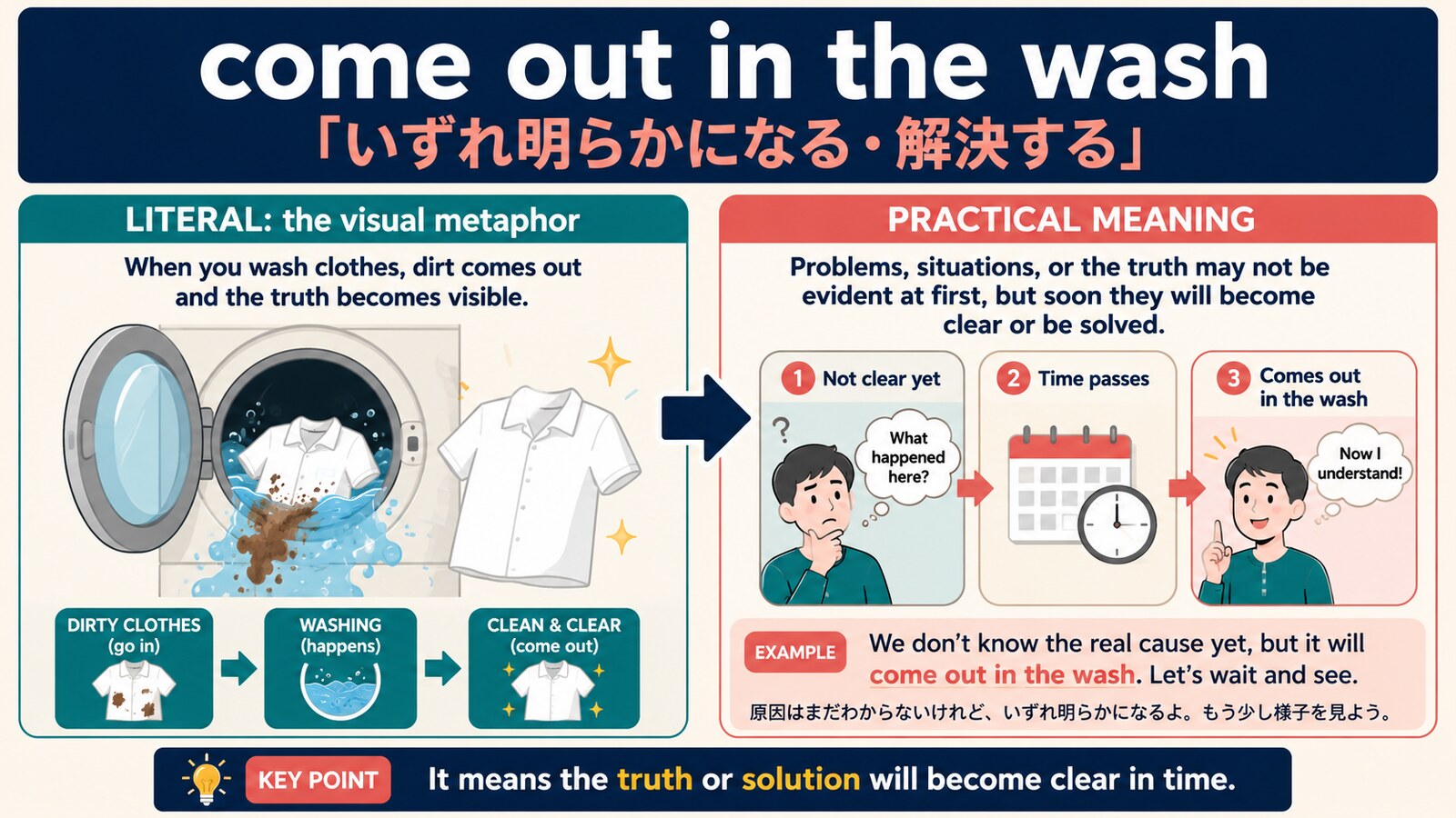 come out in the washの直訳と実際の意味を比較する解説イラスト