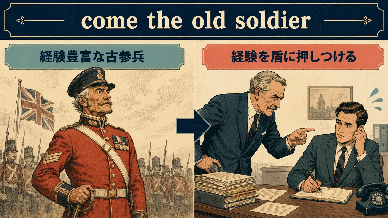 come the old soldierの直訳イメージと実際の意味の比較図