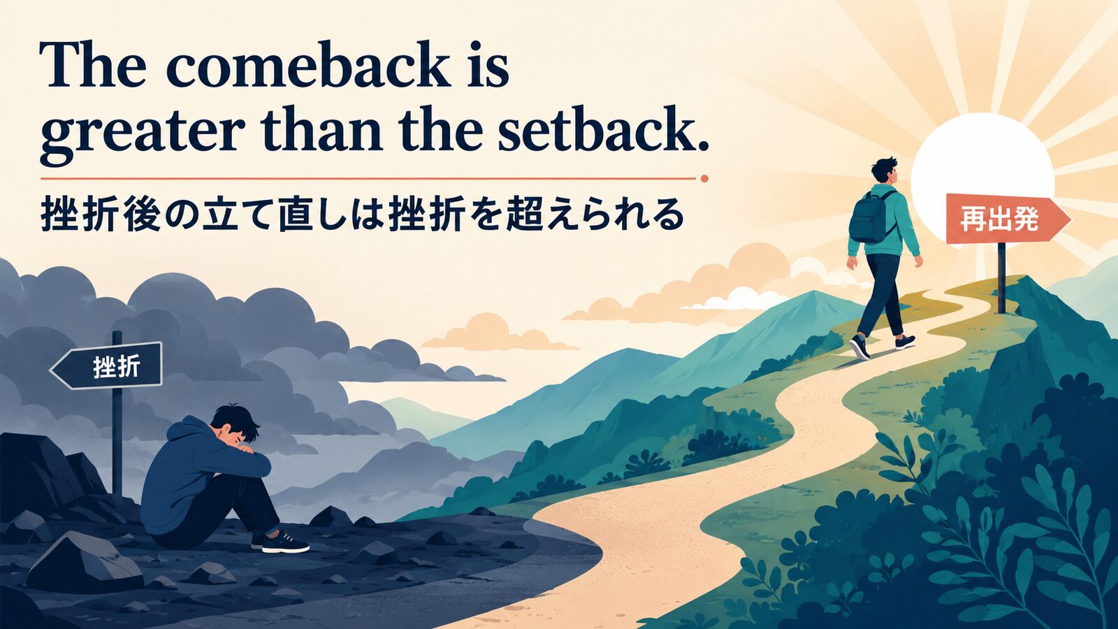The comeback is greater than the setback.の直訳と実際の意味を比較した解説イラスト