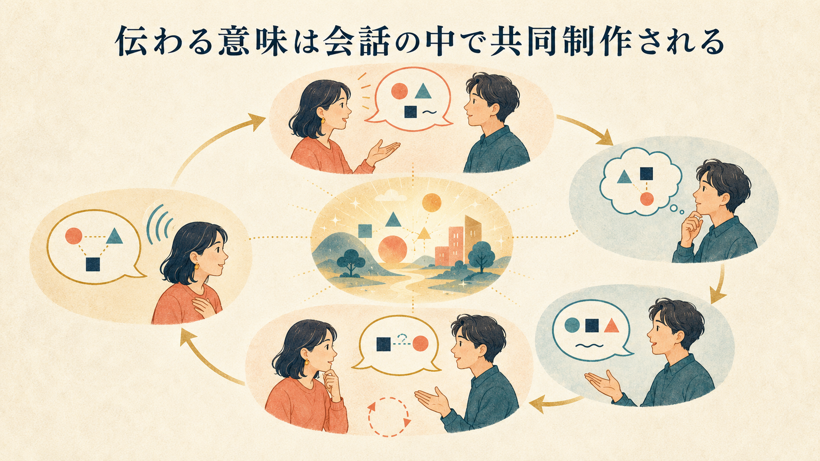 発話・意図推論・応答・確認と修復を経て共有理解を更新する会話の循環