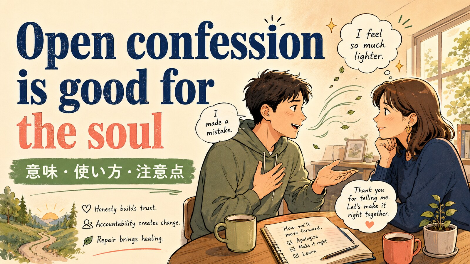 Open confession is good for the soulの意味は？使い方・ニュアンス・注意点