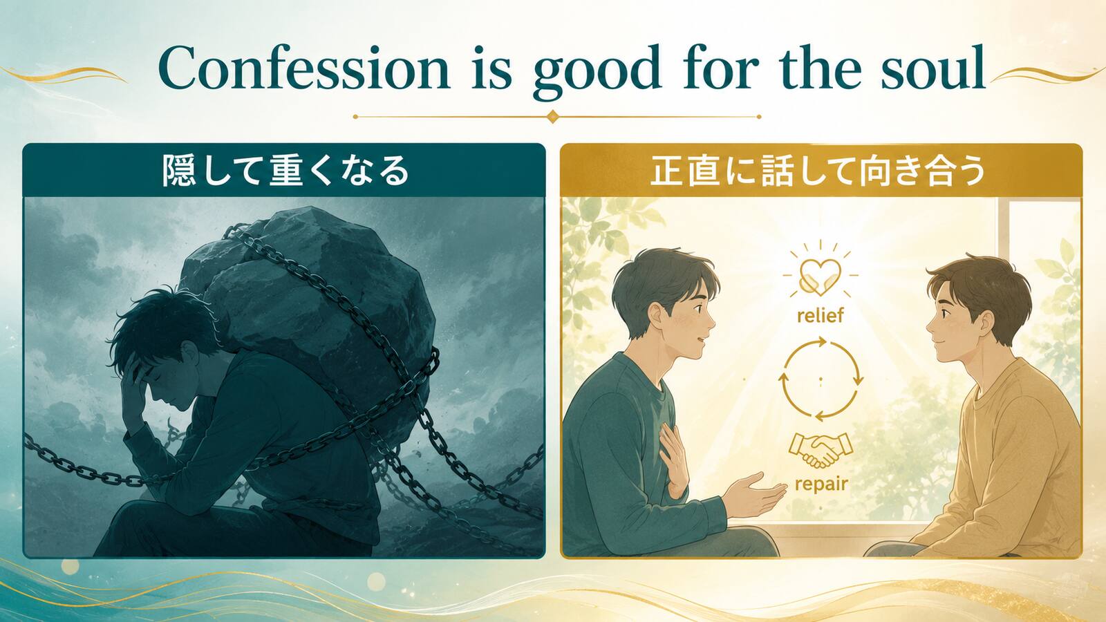 Confession is good for the soulの意味とニュアンスを説明するイラスト