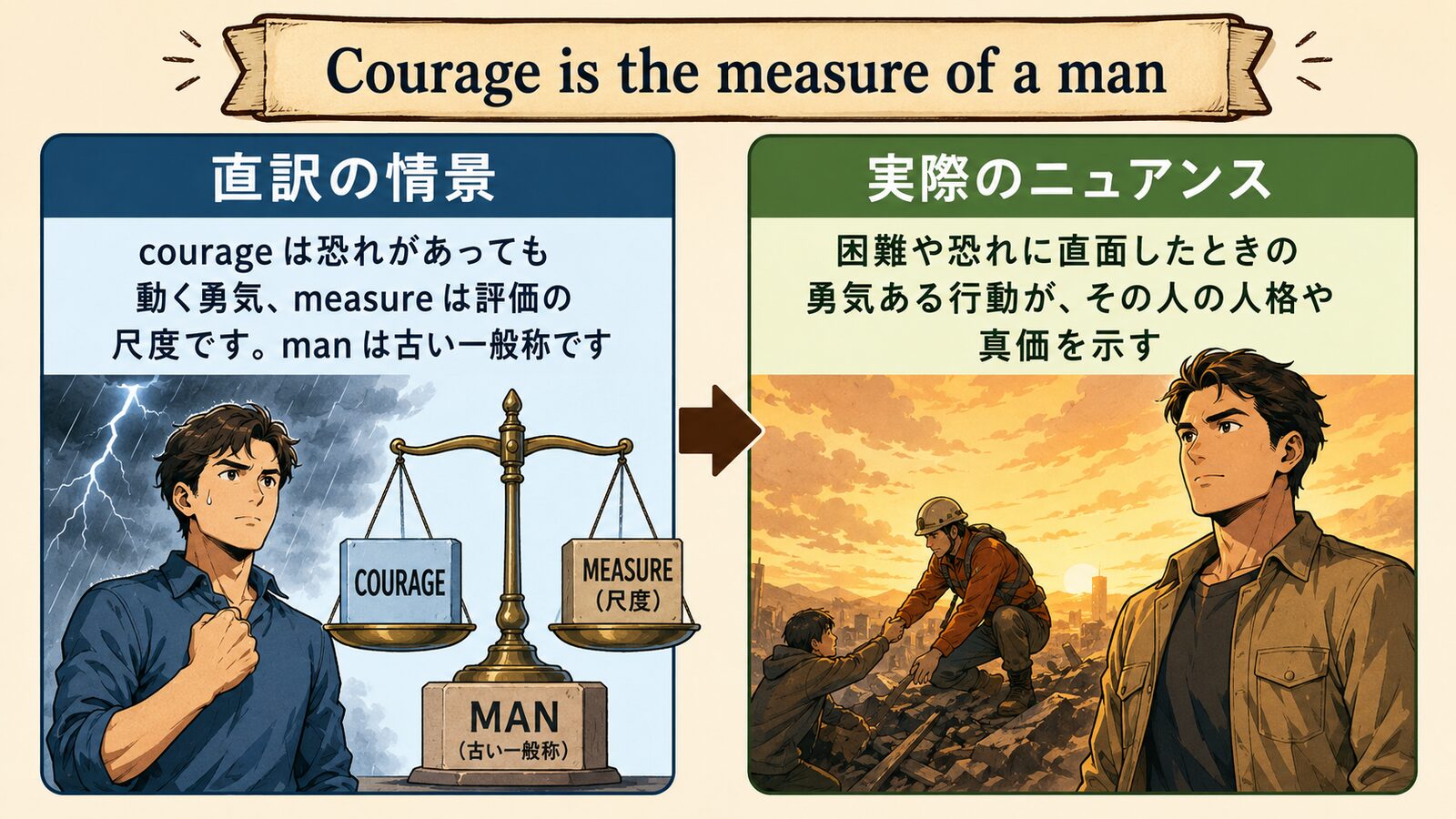Courage is the measure of a manの直訳と実際のニュアンスを説明する図