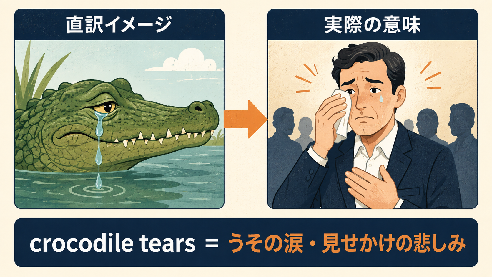 crocodile tearsの直訳イメージと実際の意味を比較したイラスト