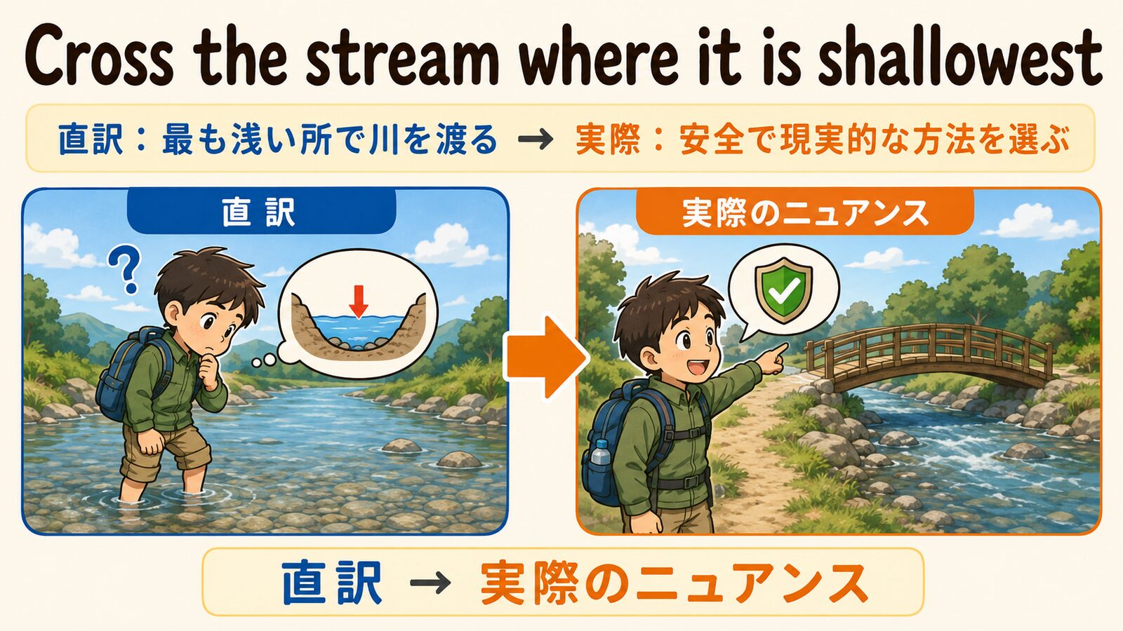 Cross the stream where it is shallowestの直訳と実際のニュアンスを説明する図