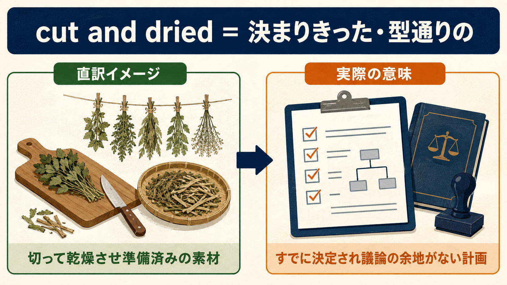 cut and driedの直訳イメージと実際の意味を比較したイラスト
