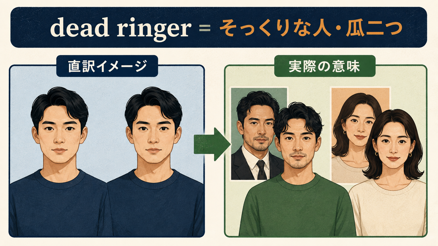 dead ringerの直訳イメージと実際の意味を比較したイラスト