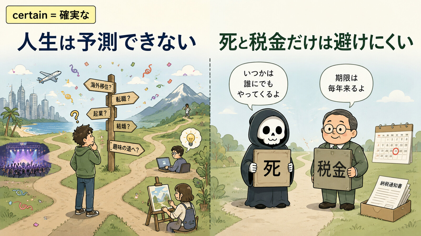 Nothing is certain but death and taxes.の直訳と実際のニュアンスを図解