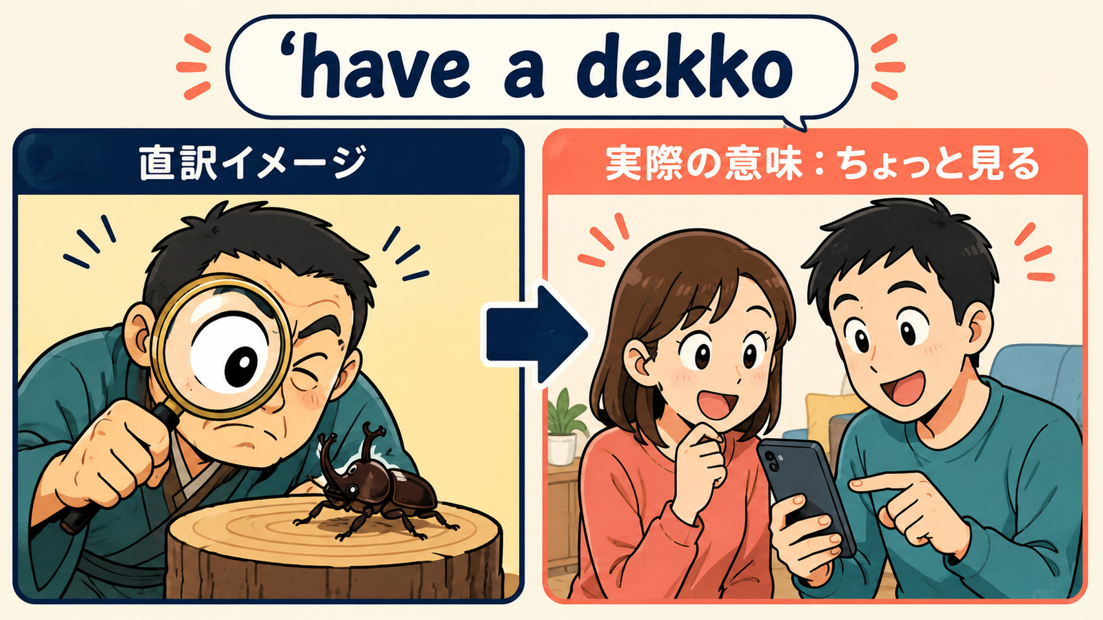 have a dekkoの直訳と実際の意味を比べる解説イラスト