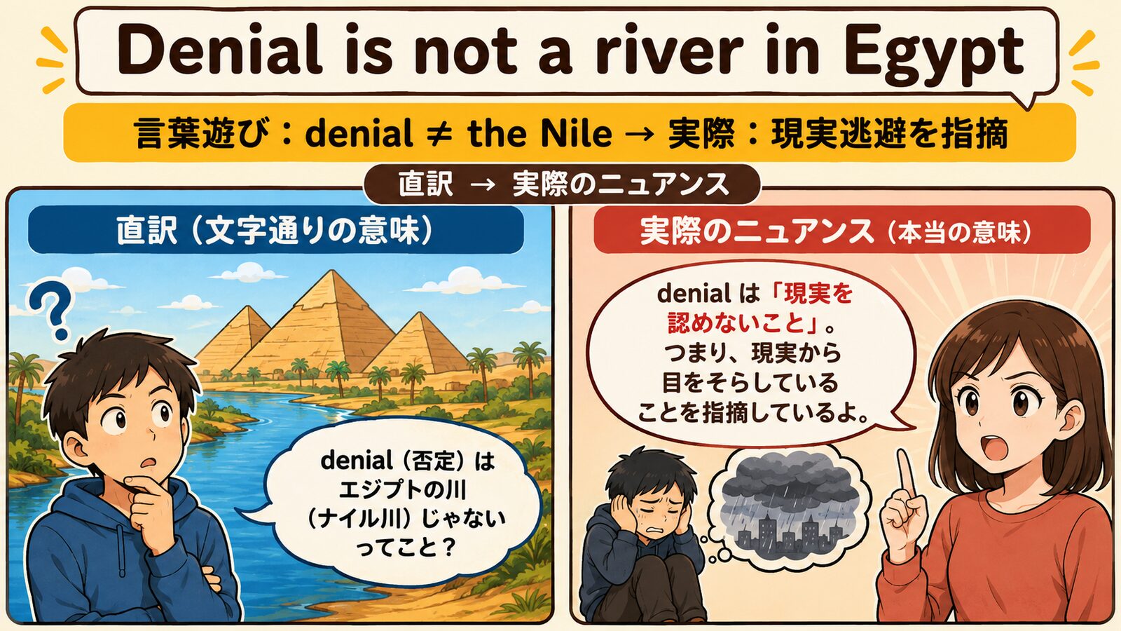Denial is not a river in Egyptの直訳と実際のニュアンスを説明する図