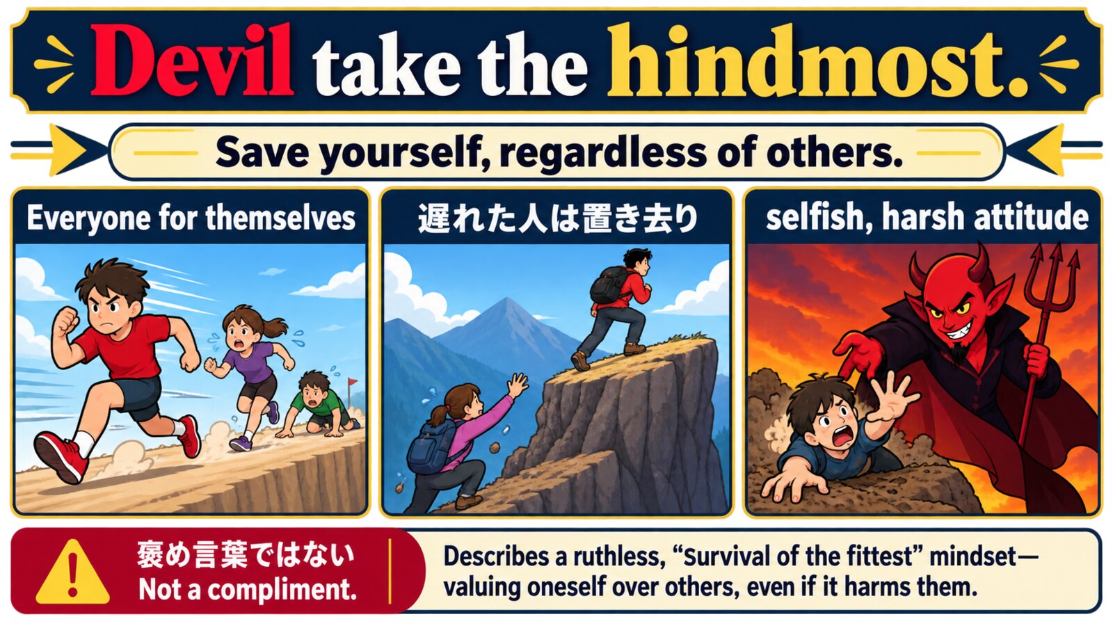 Devil take the hindmostのニュアンスと意味の流れを説明する図解